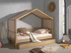 Detská domčeková posteľ so zásuvkou a textilnou súpravou z masívu dub 170cm 90x200cm
