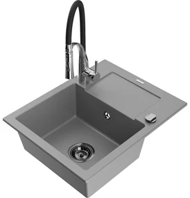 Mexen Enzo, 1-komorový granitový drez 576x465x174 mm a drezová batéria Aster, šedá, 6506-71-73450-07-B