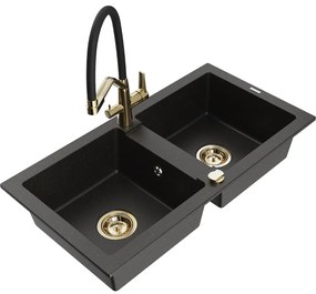 Mexen Mario, granitový drez 820x436x161 mm, 2-komorový a drezová batéria Duo, čierna-zlatá metalíza, 6504-75-671701-57-G