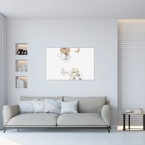Obraz - Béžové kvety s motýľom N⁰2 (90x60 cm)