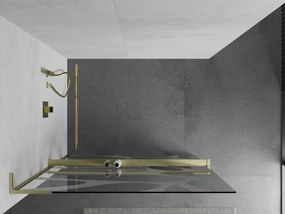 Mexen Kioto+ L, sprchová zástena Walk-In s poličkou a vešiakom 80 x 200 cm, 8mm číre sklo biely vzor, zlatý matný profil, 800-080-123-55-97