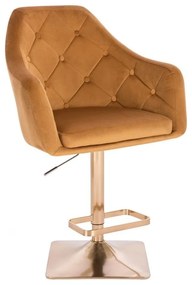 LuxuryForm DESIGN Barová stolička ANDORA VELUR na zlatej hranatej podstave - hnedá