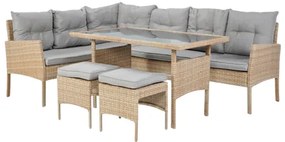 Ratanový set: Rohový gauč, 2 taburety a stôl - hnedý so sivými vankúšmi
