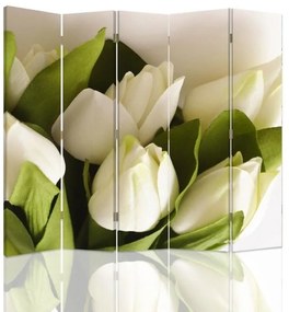 Ozdobný paraván Bílé tulipány Květiny - 180x170 cm, päťdielny, obojstranný paraván 360°