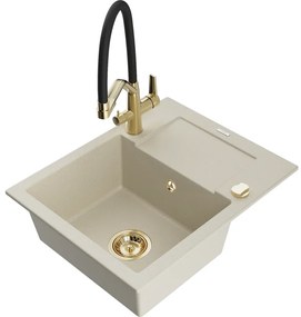 Mexen Enzo, granitový drez 576x465x174 mm, 1-komorový a drezová batéria Duo, béžová, 6506-69-671701-57-G