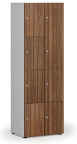 Drevená šatníková skrinka S4 s úložnými boxmi, 8 boxov, demont, cylindrický zámok, sivá/orech