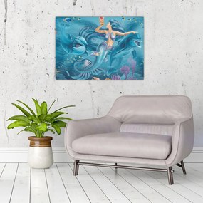 Sklenený obraz - Morská víla s delfínmi (70x50 cm)