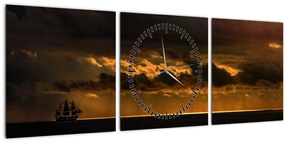 Obraz plachetnice pri západe slnka (s hodinami) (90x30 cm)