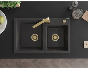 Mexen Tomas, granitový drez 800x500x190 mm, 2-komorový a zlatá batéria Rita, čierna škvrnitá, 6516-76-670300-50