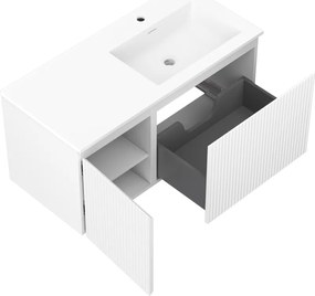 Mexen Rivel, kúpeľňová skrinka 100 cm s pravým umývadlom Otis, 1S, 1D, drážkovaná, biela matná, 91A23-10047-3-BBFF01-W18P01