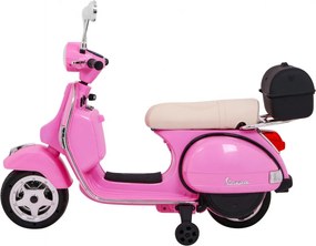 Ramiz Elektrický skúter Vespa pre deti ružový + pomocné kolieska + audio + ekokoža + EVA + plynulý štart