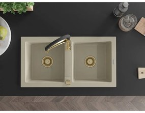 Mexen Mario, granitový drez 820x436x161 mm, 2-komorový a drezová batéria Aster, béžová, 6504-69-73450-57-G