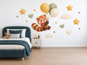 Plyšová červená panda s balónmi hrdzavé a šalviové textilné nálepky na stenu pre dievčatká aj chlapcov arch 46 x 35 cm