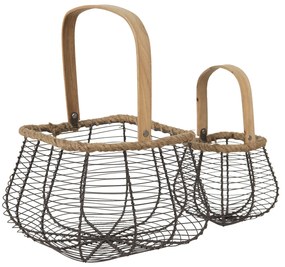 2ks drôtených košíkov s dreveným uchom - 23*16*16 / 13*10*12 cm
