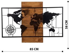 Nástenná dekorácia 58x85 cm mapa drevo/kov