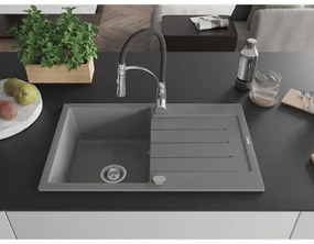 Mexen Bruno, 1-komorový granitový drez 795x495x200 mm a drezová batéria Aster, šedá, 6513-71-73450-07