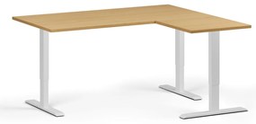Rohový výškovo nastaviteľný stôl, 160x140 cm, 3 motory, L/P, biela podnož, buk