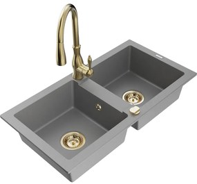 Mexen Mario, 2-komorový granitový drez 820x436x161 mm a drezová batéria Savita, šedá, 6504-71-672601-50