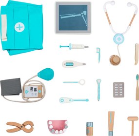 LEAN Toys Lekárska súprava „Malý doktor – zubár“, drevená lekárnička, plášť, 20 ks