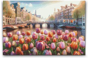 Gario Diamantové maľovanie Tulipány s výhľadom na most Rozmery: 40 x 60 cm, Rámovanie: Iba zrolované plátno, Diamanty: Štvorcové