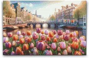 Gario Diamantové maľovanie Tulipány s výhľadom na most Rozmery: 60 x 80 cm, Rámovanie: S vnútorným rámom, Diamanty: Okrúhle