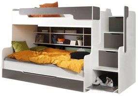 Detská poschodová posteľ s rozšíreným spodným lôžkom a zásuvkou HARRY bielo-šedá - 200x90/120 cm