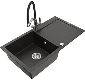 Mexen Leo, 1-komorový granitový drez 900x500x190 mm a drezová batéria Duo, čierna-zlatá metalíza, 6501-75-671701-07