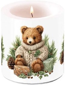 Biela sviečka s plyšovým medvedíkom Cuddle Bear - Ø 7,5*9 cm / 35 hod