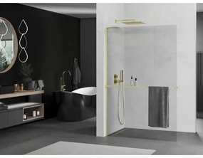 Mexen Kioto+ L, sprchová zástena Walk-In s poličkou a vešiakom 85 x 200 cm, 8mm číre sklo, zlatý matný profil, 800-085-123-55-00