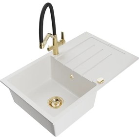 Mexen Bruno, 1-komorový granitový drez 795x495x200 mm a drezová batéria Duo, biela, 6513-20-671701-57-G