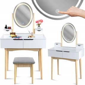 Toaletný stolík GLAM s LED zrkadlom biely / naturálny, sivá taburetka