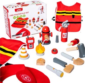 LEAN Toys Súprava pre malého hasiča – kostým a hasičské doplnky z dreva, 14 dielov