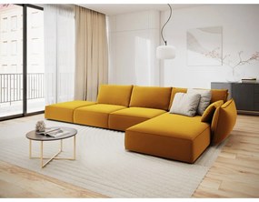 Zamatová rohová pohovka v horčicovej farbe (pravý roh/s leňoškou) Vanda – Mazzini Sofas