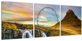 Obraz hory a vodopádov na Islande (s hodinami) (90x30 cm)