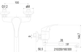 Mereo Mereo, Drezová nástenná batéria, Lila, s ramienkom plochým rovným 300 mm, chróm, MER-CBEE302A06