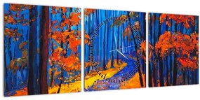 Obraz jesenného lesa (s hodinami) (90x30 cm)