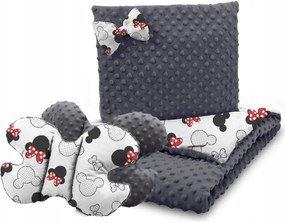Detská deka do kočíka s vankúšikom a motýlikom - BABYMAM PREMIUM set 3v1 - Myška Minnie s grafitovou minky