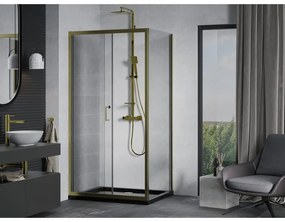 Mexen Apia, sprchový kút s posuvnými dverami 90 (dvere) x 100 (stena) cm, 6mm číre sklo, zlatý profil + čierna sprchová vanička SLIM, 840-090-100-50-00-4070G