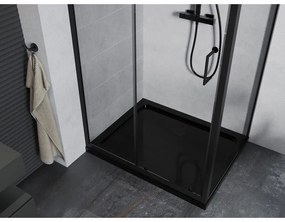 Mexen Apia, sprchový kút s posuvnými dverami 140 (dvere) x 80 (stena) cm, 6mm číre sklo, čierny profil + čierna sprchová vanička s čiernym sifónom, 840-140-080-70-00-4070B