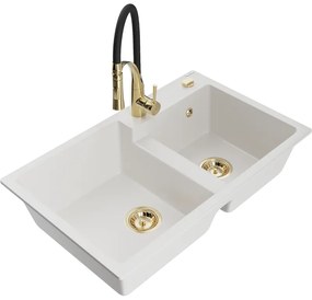 Mexen Tomas, 2-komorový granitový drez 800x500x190 mm a drezová batéria Aster, biela, 6516-20-73450-57-G