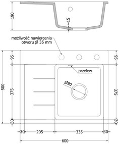 Mexen Ben, 1-komorový granitový drez 600x500x190 mm, pravý + chrómový sifón, čierna škvrnitá, 6523605000-76