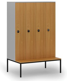 Drevená šatníková skrinka s lavičkou, 4 oddiely, 1871 x 1200 x 500/800 mm, demont, RFID zámok, sivá/buk
