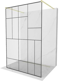 Mexen Kioto, sprchová zástena Walk-In 130 x 200 cm, 8mm sklo čierny vzor, zlatý matný profil, 800-130-002-55-78