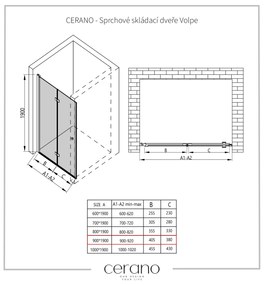 Cerano Volpe, skladacie sprchové dvere 90x190 cm, 6mm číre sklo, čierny profil, CER-CER-423331