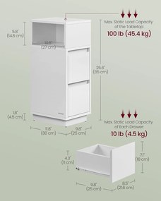 Úzky nočný stolík, malá úzka skrinka s 2 zásuvkami, biela