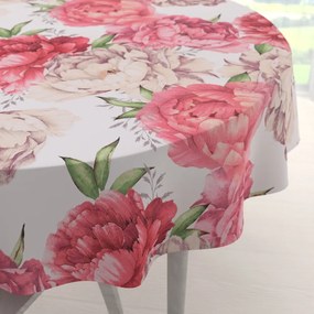 Biante Bavlnený okrúhly obrus Sandra SA-746 Veľké ružovo-béžové pivonky na bielom Ø 140 cm
