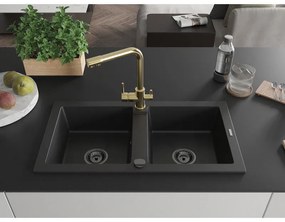 Mexen Mario, 2-komorový granitový drez 820x436x161 mm a zlatá drezová batéria Duero, čierna, 6504-77-671600-50-B