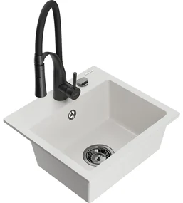 Mexen Milo, 1-komorový granitový drez 435x410x171 mm a drezová batéria Aster, biela, 6505-20-73450-70-B