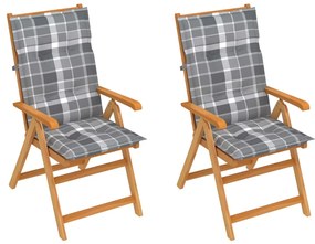 vidaXL Záhradné stoličky 2 ks so sivými kockovanými podložkami tíkový masív