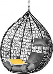 Čierne závesné kreslo KOKON bez stojanu, sivý vankúš